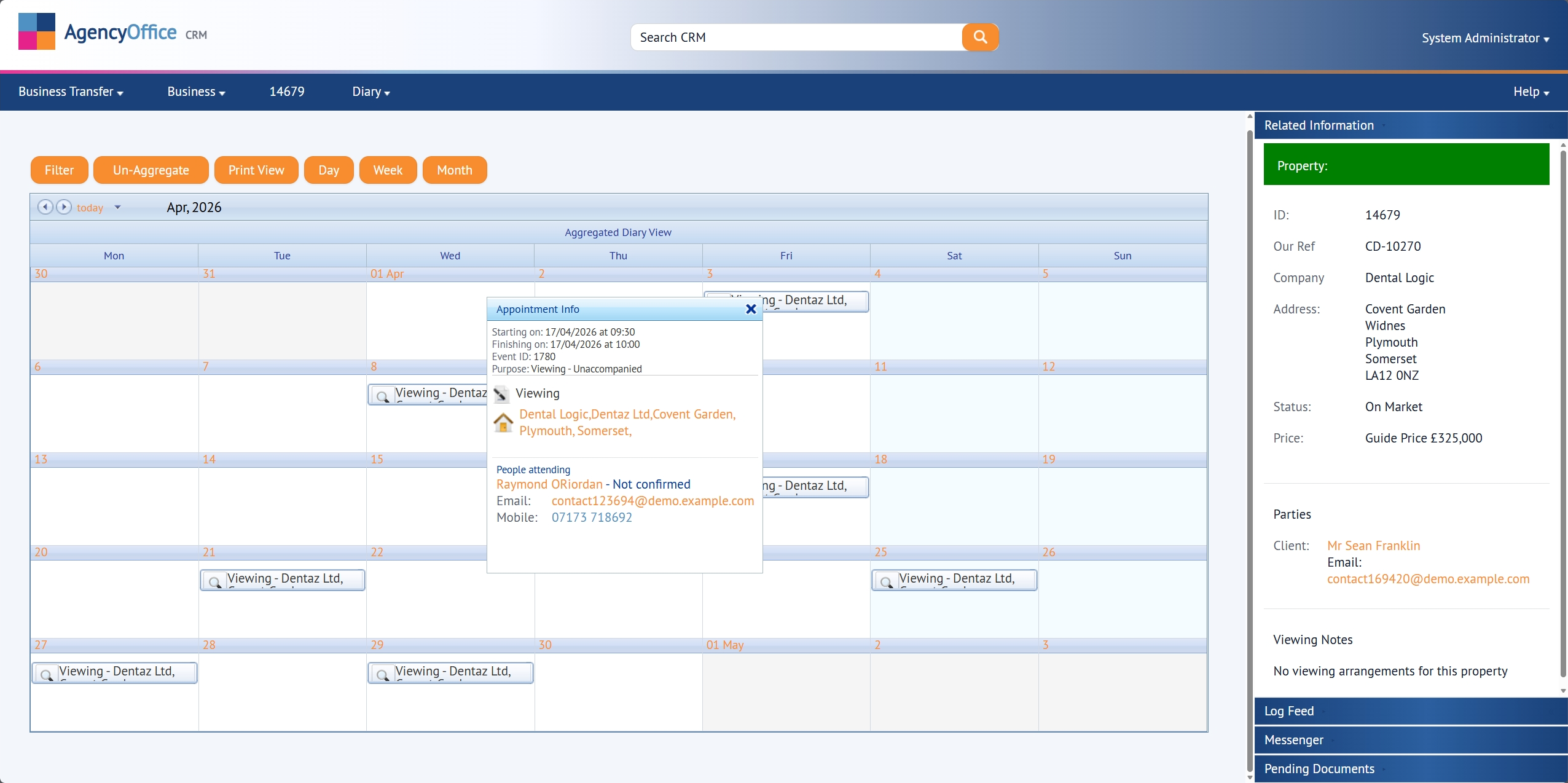 Diary and calendar view in Agency Office